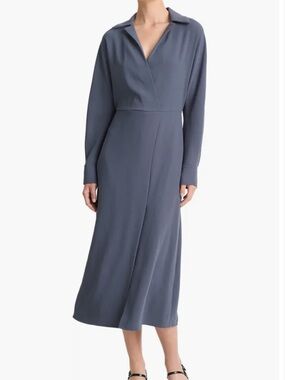 Vince Long Sleeve V-Neck Midi Dress in Slate Blue